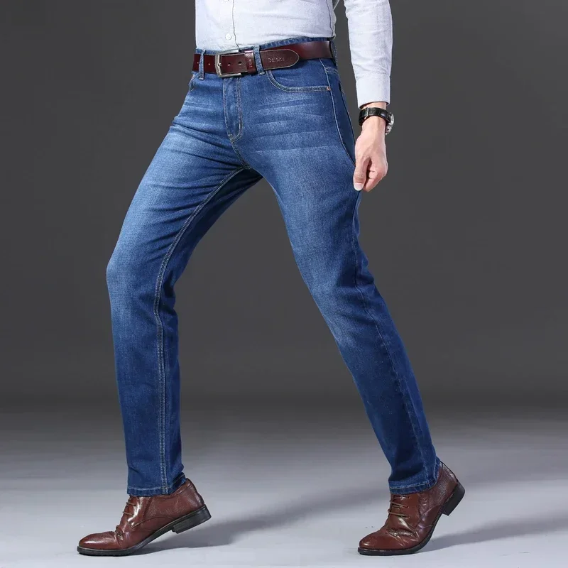 2026 Autumn Winter Stretch Men's Jeans Classic Business Denim Pants Straight Work Thick Trousers Male Clothing Plus Size 28-40