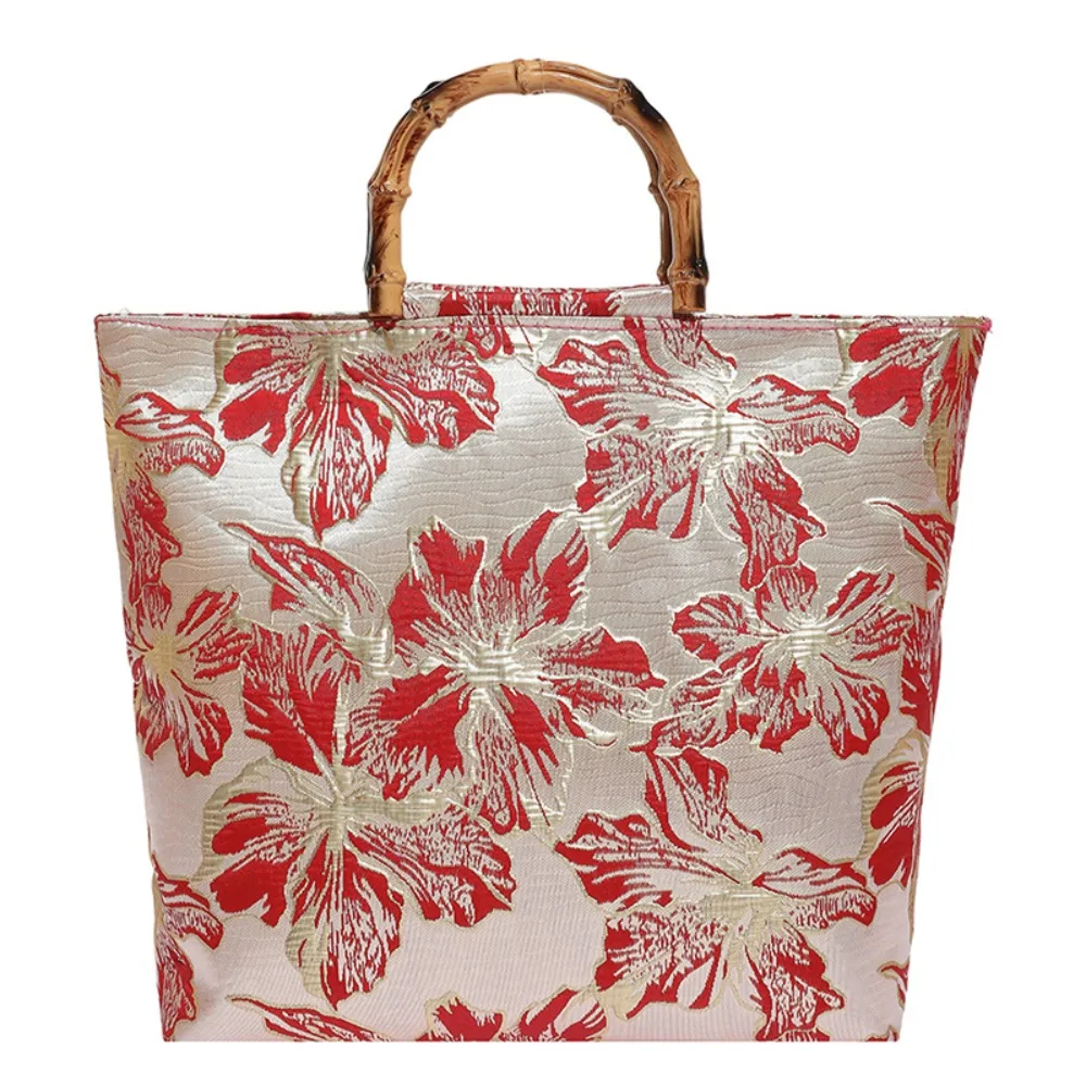 Canvas Jacquard Tote Bag Bamboo Joint Handheld Cheongsam Accessories Chinese Style Handbag Zipper Closure Large Capacity