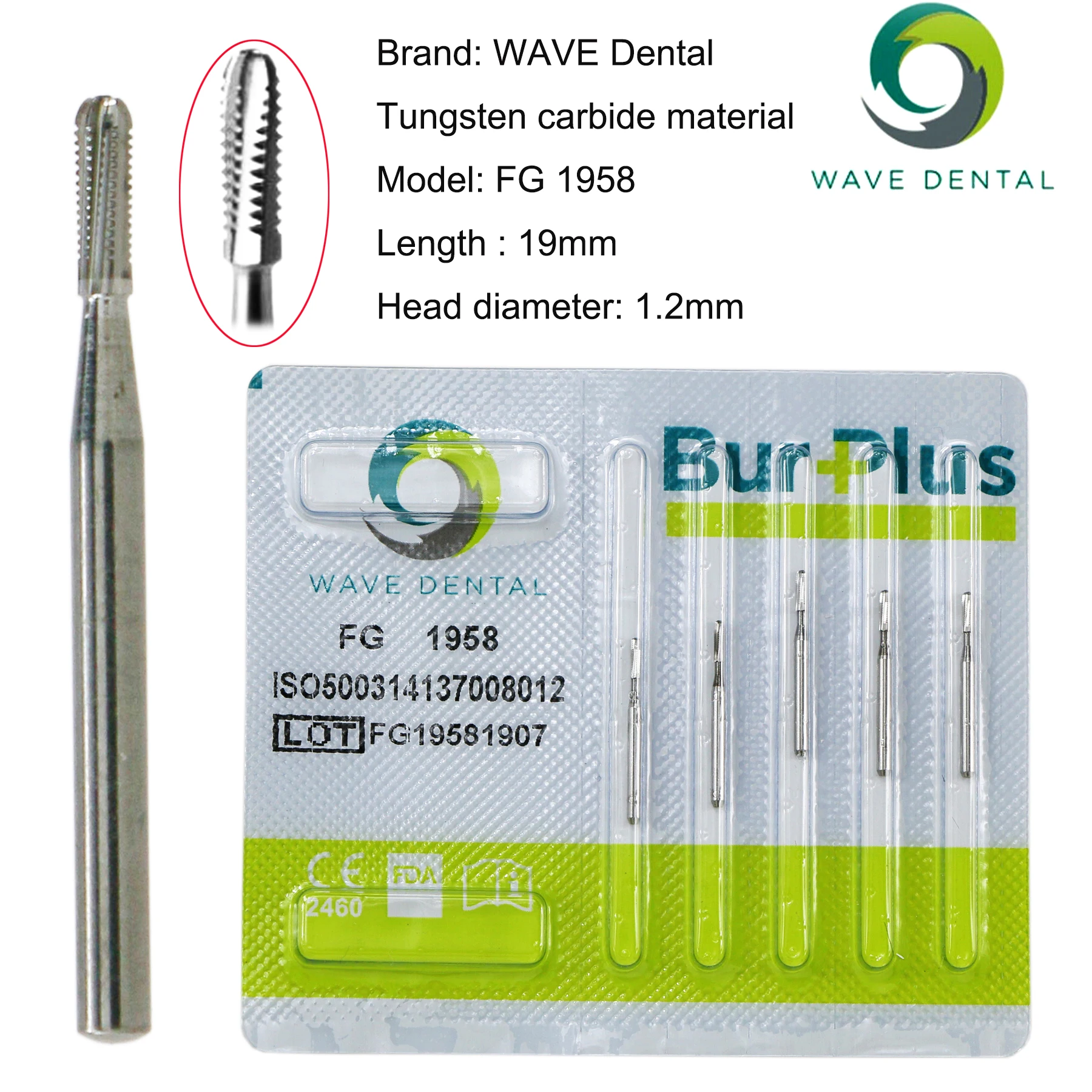 PRIMA WAVE Dental Tungsten Carbide Burs Midwest FG1958 Straight Fissure Dome End for High Speed Handpiece Dia.1.2mm 5Pcs/Pack