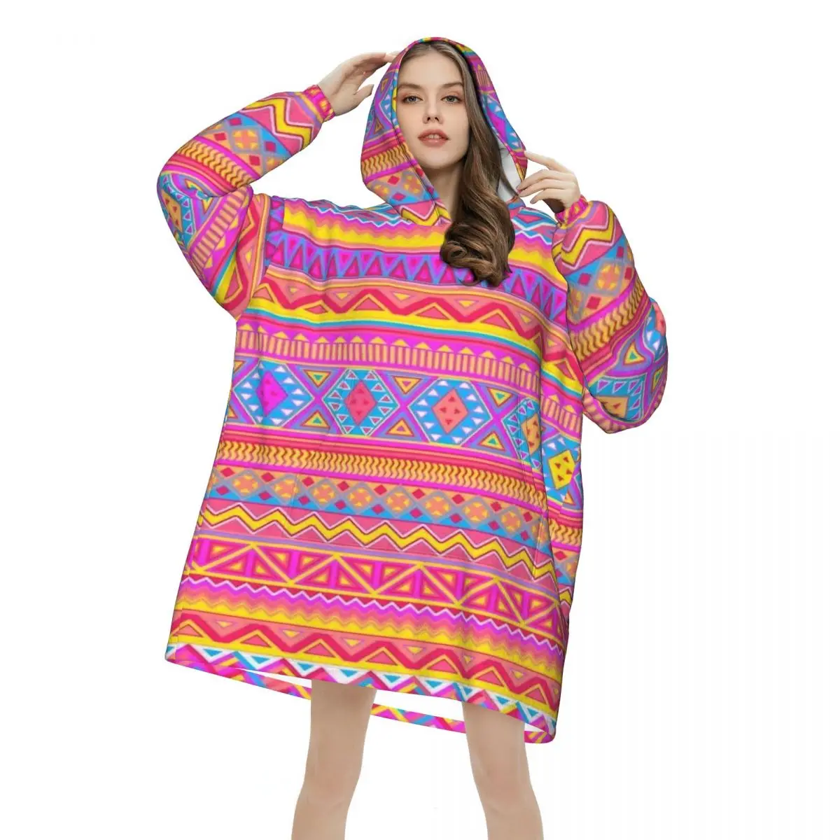Oversized Southwestern Aztec Tribal Wearable Blanket Winter Ultrasoft Plush Warm Sweatshirt Blankets With Pocket