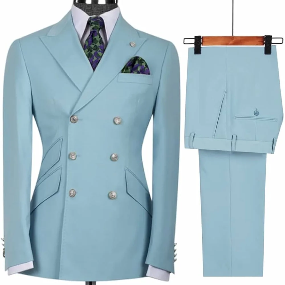 メンズスーツ クラシック スリムフィット 2ピース ウェディング グルーム ジャケット ダブルブレスト ピークラペル ブレザー フォーマル メンズタキシード（ジャケット+パンツ）