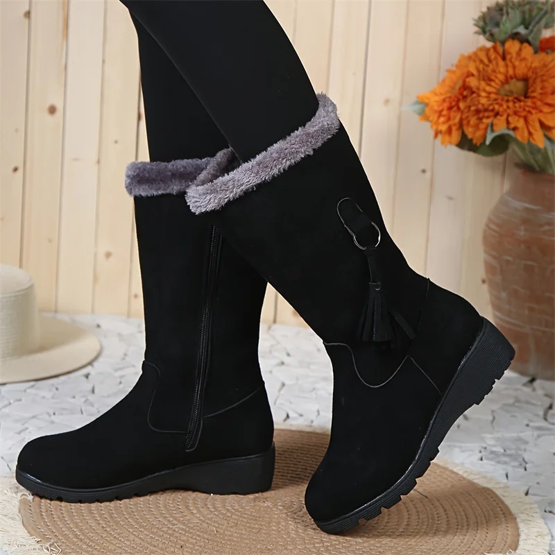 Women\'s Shoes Fashion Women Warm Chelsea High Fur Boots 2024 New Women Boots Mid-calf Plush Snow Flat Boots Zapatos Para Mujeres