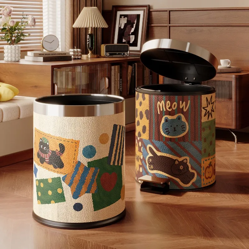 Medieval Leather High-value Trash Can Large Large-capacity Living Room Storage Bucket Double-layer Leather Paper Basket
