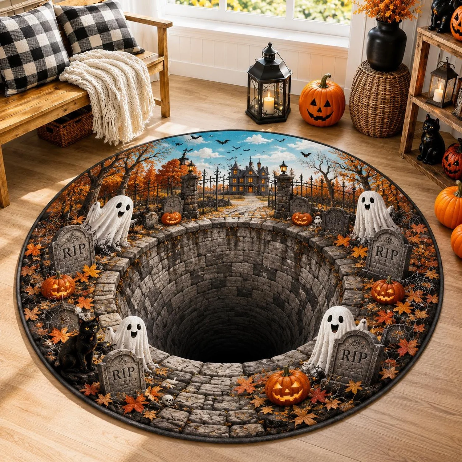Halloween 3D Illusion Carpet, Horror Haunted House Themed Carpet, Ghost Pumpkin Round Carpet, Halloween Home Decoration, Scary Floor Mat