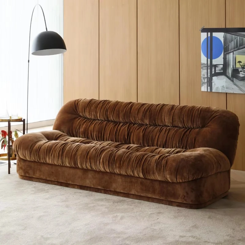 French Vintage-style Designer Sofa Pleated High-back Bagel-shaped Cloud-like Three-seater Living Room Eco-leather High-density