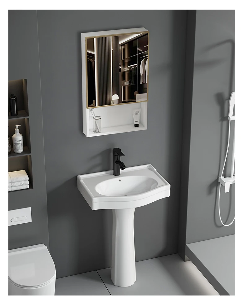 Small apartment bathroom hotel project balcony with a pillar-mounted wall-mounted ceramic basin featuring a smart mirror