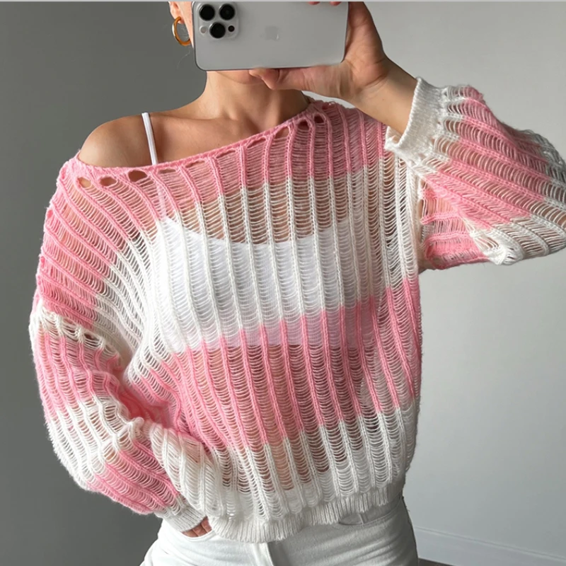 

DAYIFUN-Striped Knitted Pullovers Women Sexy Beach Style Casual Hollow Loose Jumpers Lady Tops O-Neck Long Sleeve Sweater Summer