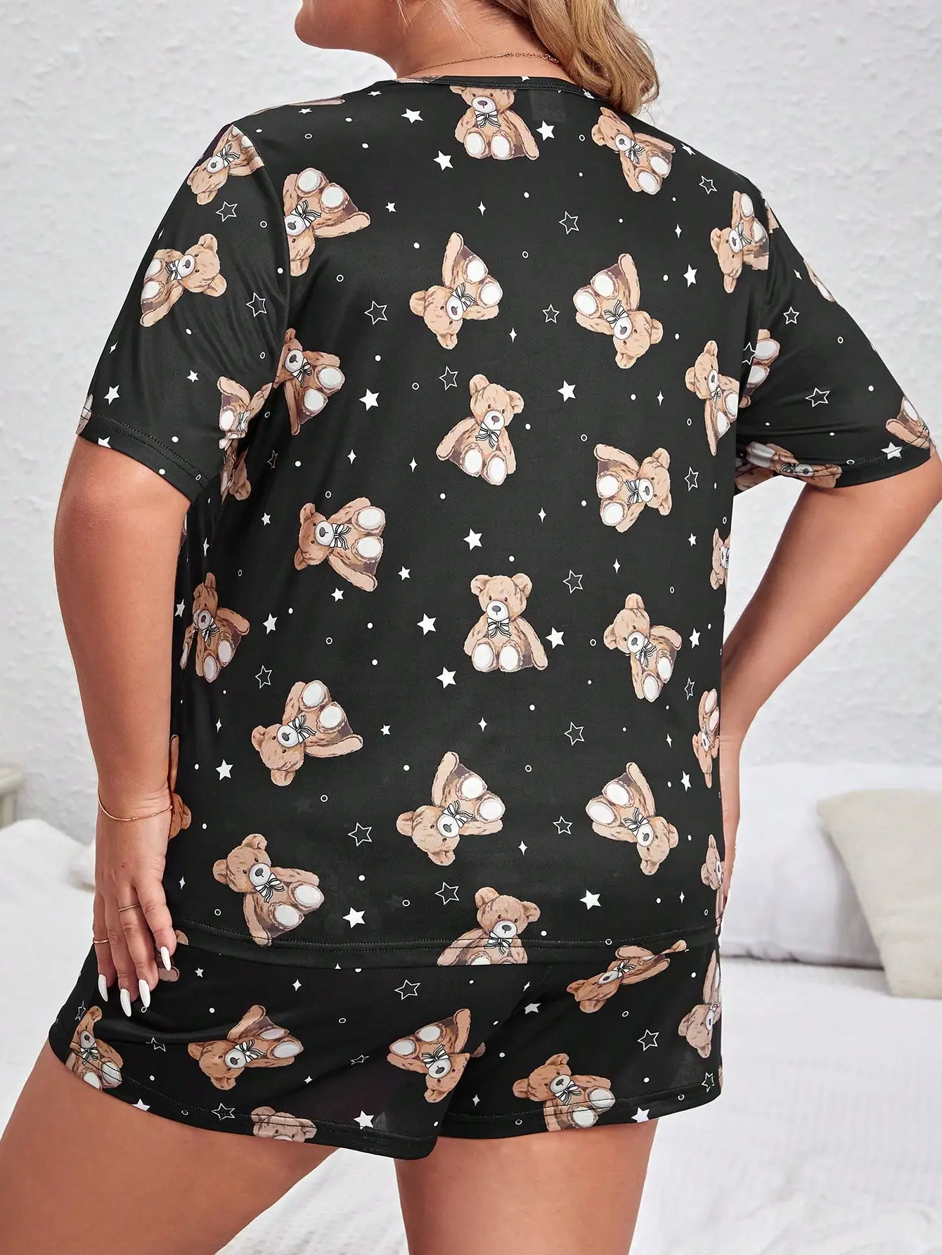 Summer cute cartoon bear printed short sleeved top&shorts oversized women\'s pajamas home clothing set