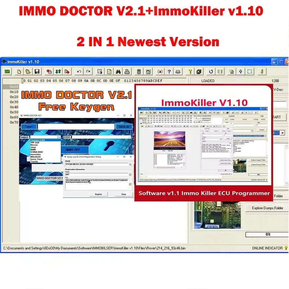 Hot ImmoKiller V1.10 OBD2 Scanner Software+ IMMO DOCTOR V2.1 With Unlimited KEYGEN MULTI BRAND Immo Off Software ECU Chip Tuning