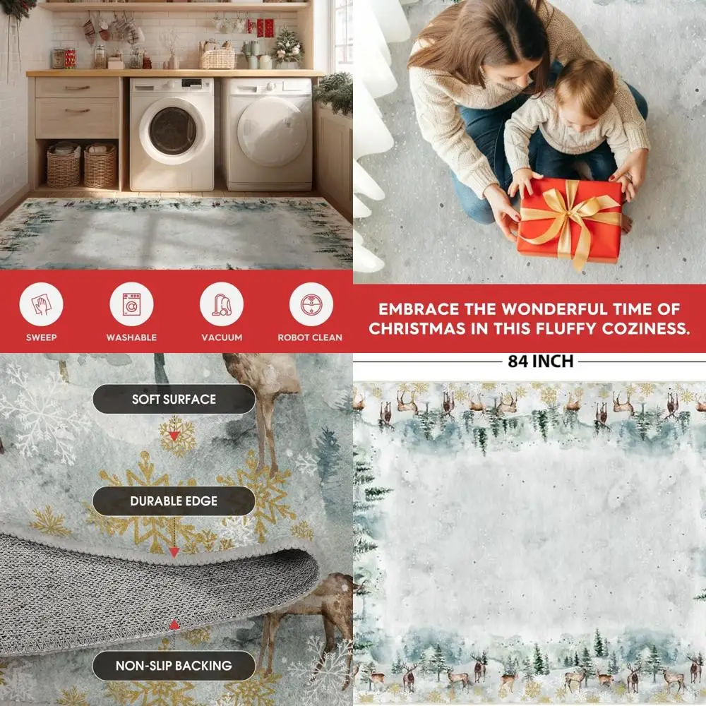 

Christmas Pine Tree Snowflakes Rug, 5x7 Feet Low-Profile Washable Indoor Area Rug for Home Decor