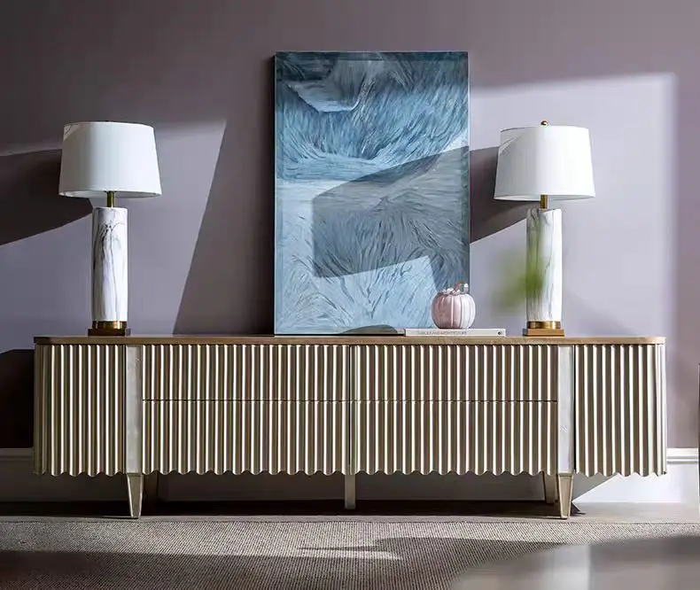 

American light luxury solid wood TV cabinet carved shell high-end storage floor cabinet modern simplicity