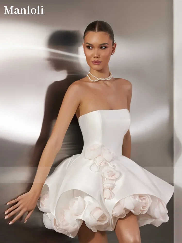 

Manloli Sexy Strapless Mini Short Wedding Dress Satin Illusion Girl Party Dress Prom Cocktail Party Dress Customization