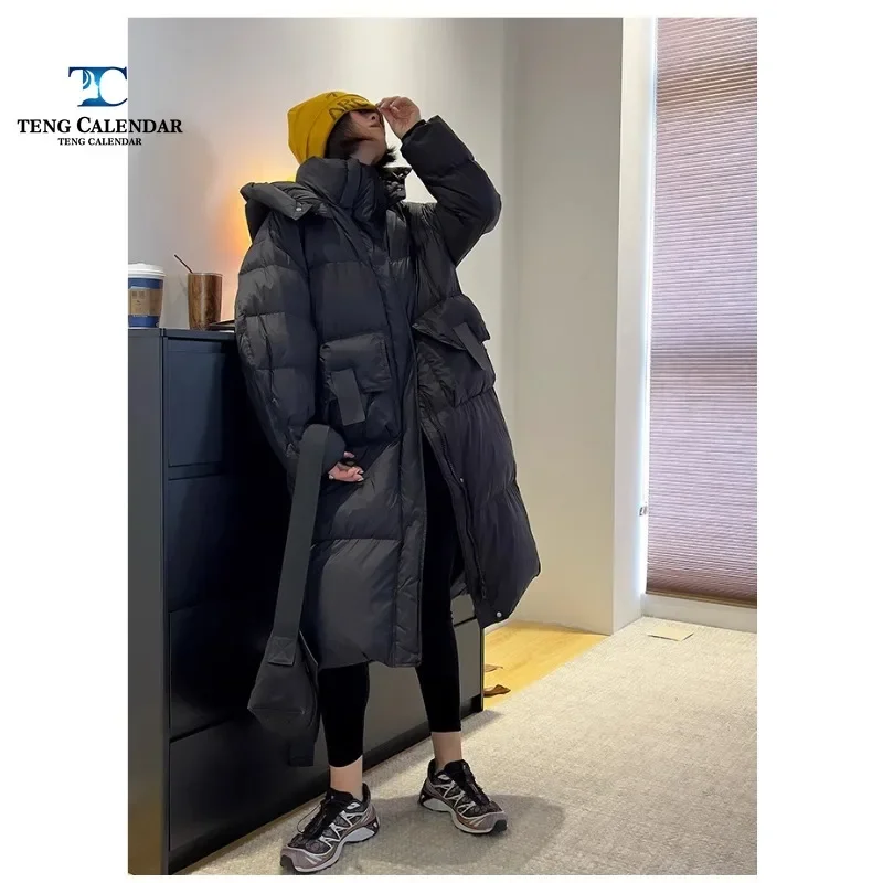 Korean Loose Long Down Jacket for Women, Fluffy Thick Hooded Jacket, Knee Shaped, New Style, Winter