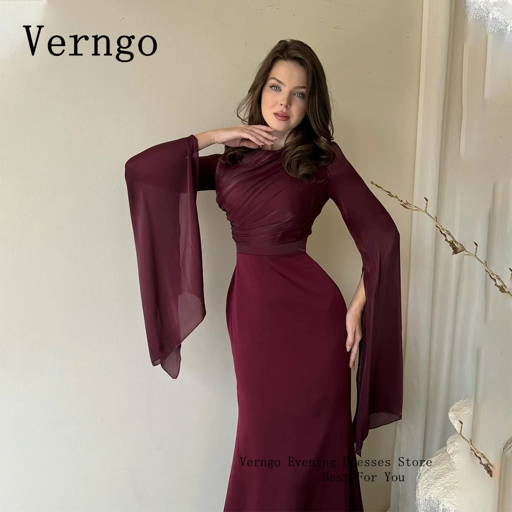 Verngo Burdungy Chiffon Prom Gown Mermaid Party Dress For Women Full Sleeves Formal Occasion Dress Simple Evening Dress