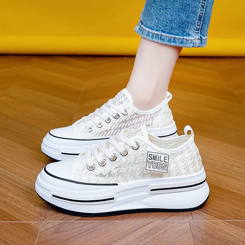 Comemore Mesh Women's Sports Shoes 2024 Summer Breathable Sneakers Thick Bottom Tenis Casual White Cloth Shoe Platform Footwear