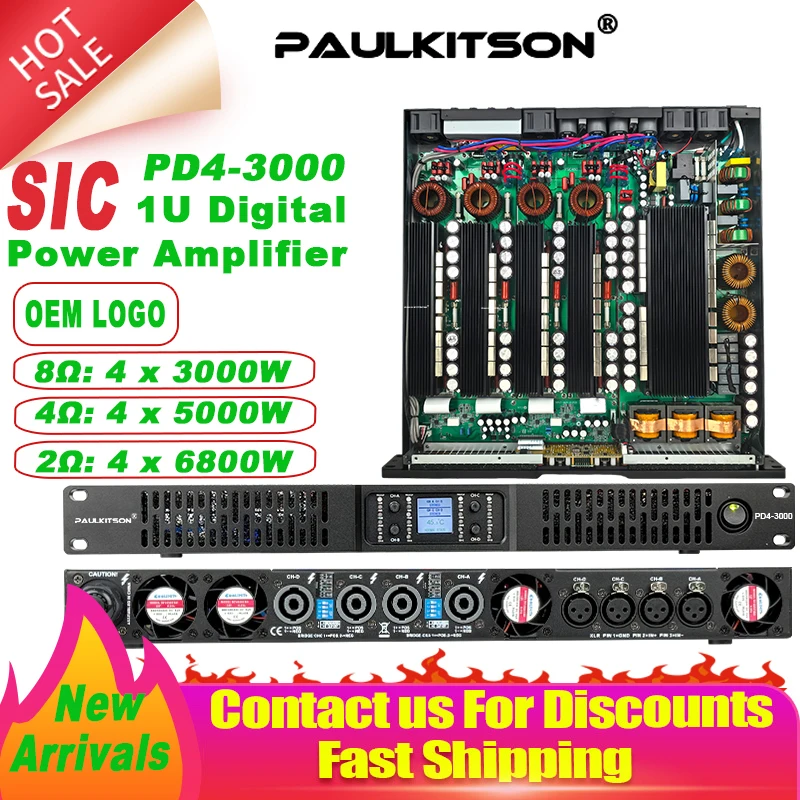 Paulkitson Professional 4channel Digital Power Amplifier Silicon Carbide Class D Power Amplifier Stable 2Ω 4x6800w For Speakers