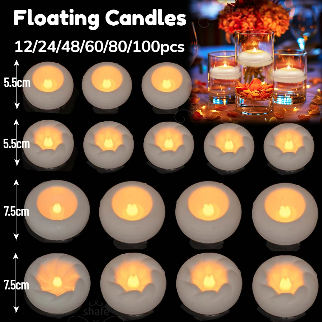 12-100PCS Flameless Floating Candles for Centerpieces Wedding LED Tealight 5.5/7.5CM Battery Operate Float Candle Pool Spa Decor