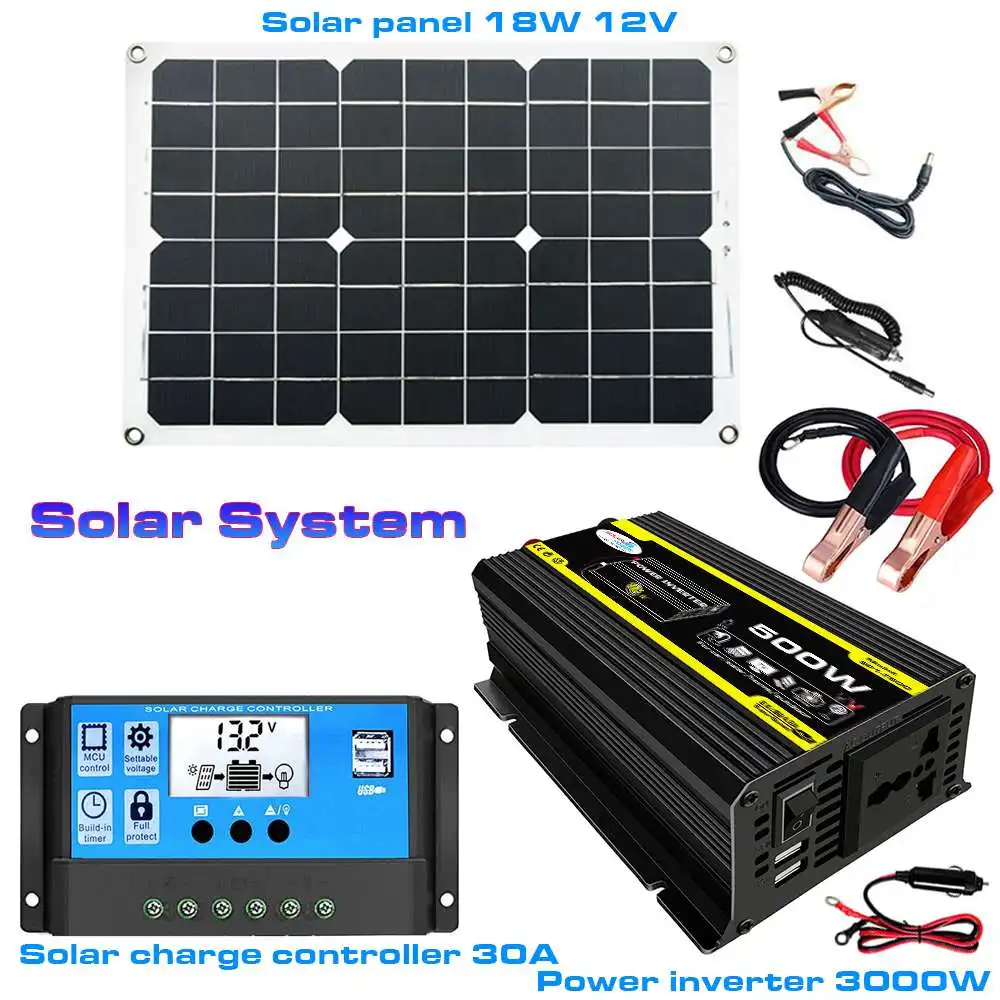 18W Solar Panel System Set 220V Power Generation Battery Charge USB 500W Inverter DC 12V AC 30A Controller Home Kit Complete