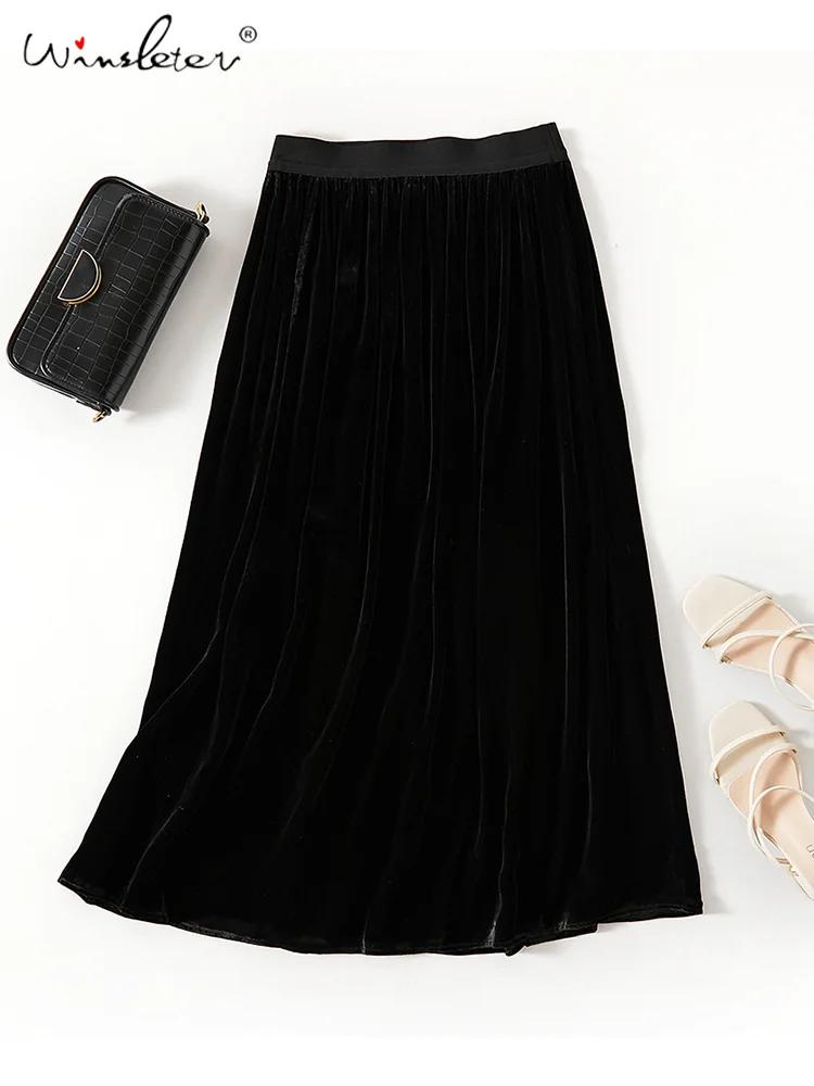 

Winsleter, 100%Real Silk Elegant Skirts, Women Elastic Waisted Black, Commute A-Line Fashion Skirt, 2024 Summer Autumn B46829QM