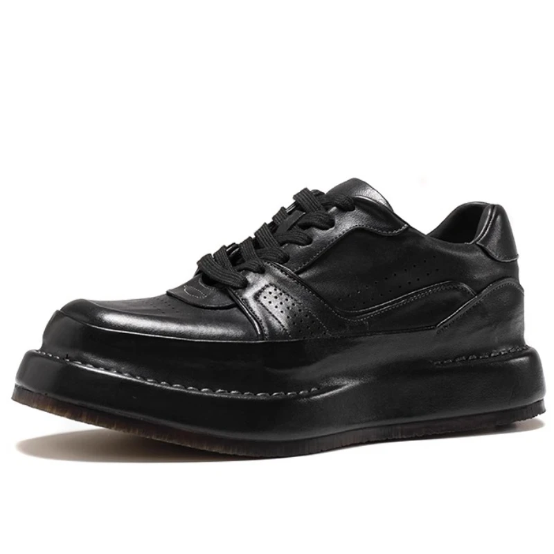 White Handmade Washed Horsehide Casual Shoes for Men's Thick Soled Fashion Sports Shoes High-quality Comfortable Board Shoes Man