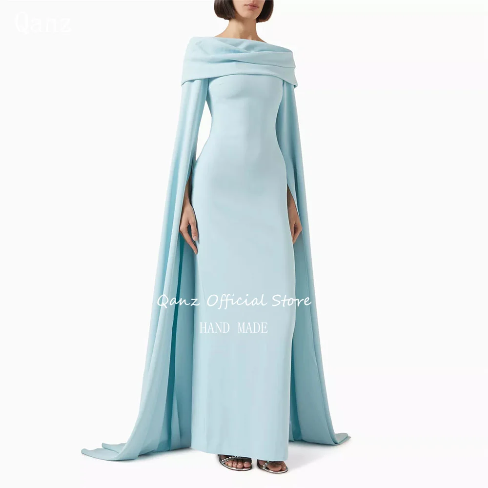 

Qanz Light Blue Satin Prom Dresses Mermaid Long Cap Sleeves Formal Evening Gowns Women High Slit Robe Soirée Femme Customized