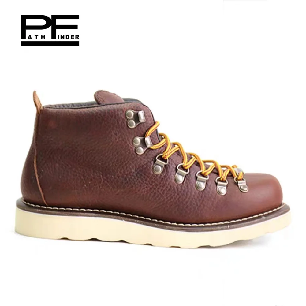 pf Retro Men's Genuine Leather Motorcycle Boots Goodyear-Weld Workwear Women Ankle Western Hiking Boots Non-slip Lace Up