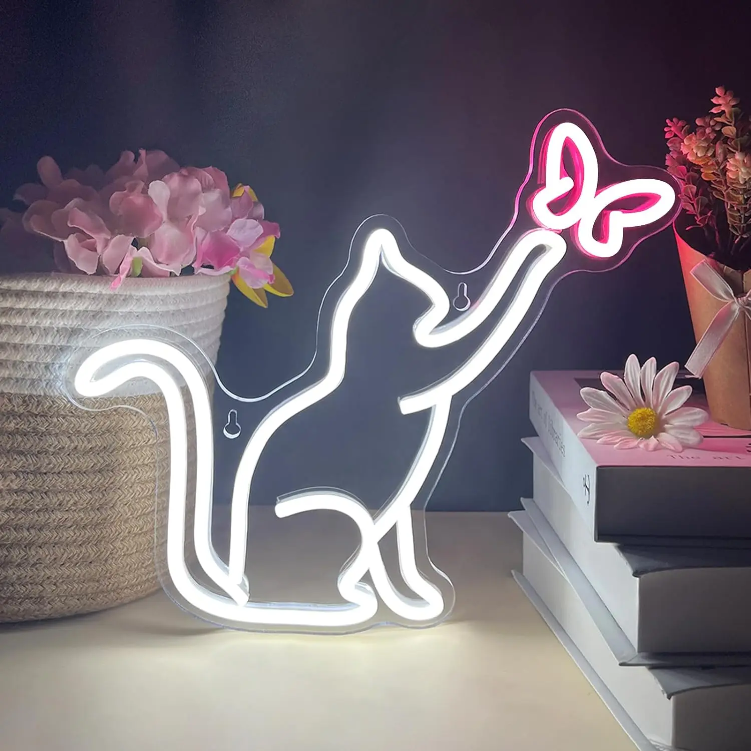 LED Cat Butterfly Neon Signs Lights USB Operated 3D Wall Art Home Decor Hanging Signs Lamp for Living Room Bedroom Gifts Kids