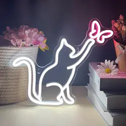 LED Cat Butterfly Neon Signs Lights USB Operated 3D Wall Art Home Decor Hanging Signs Lamp for Living Room Bedroom Gifts Kids