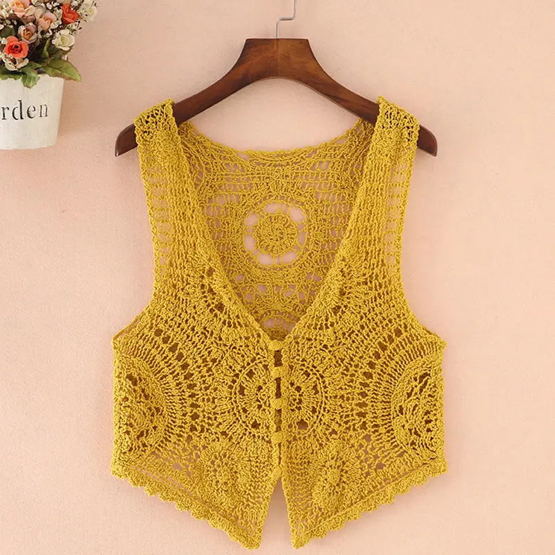 Women All-matching Sleeveless Hollow Out Tank Top Solid Color Knitted Waistcoat Crochet Cardigan Sweater Vest Women Outwear L61