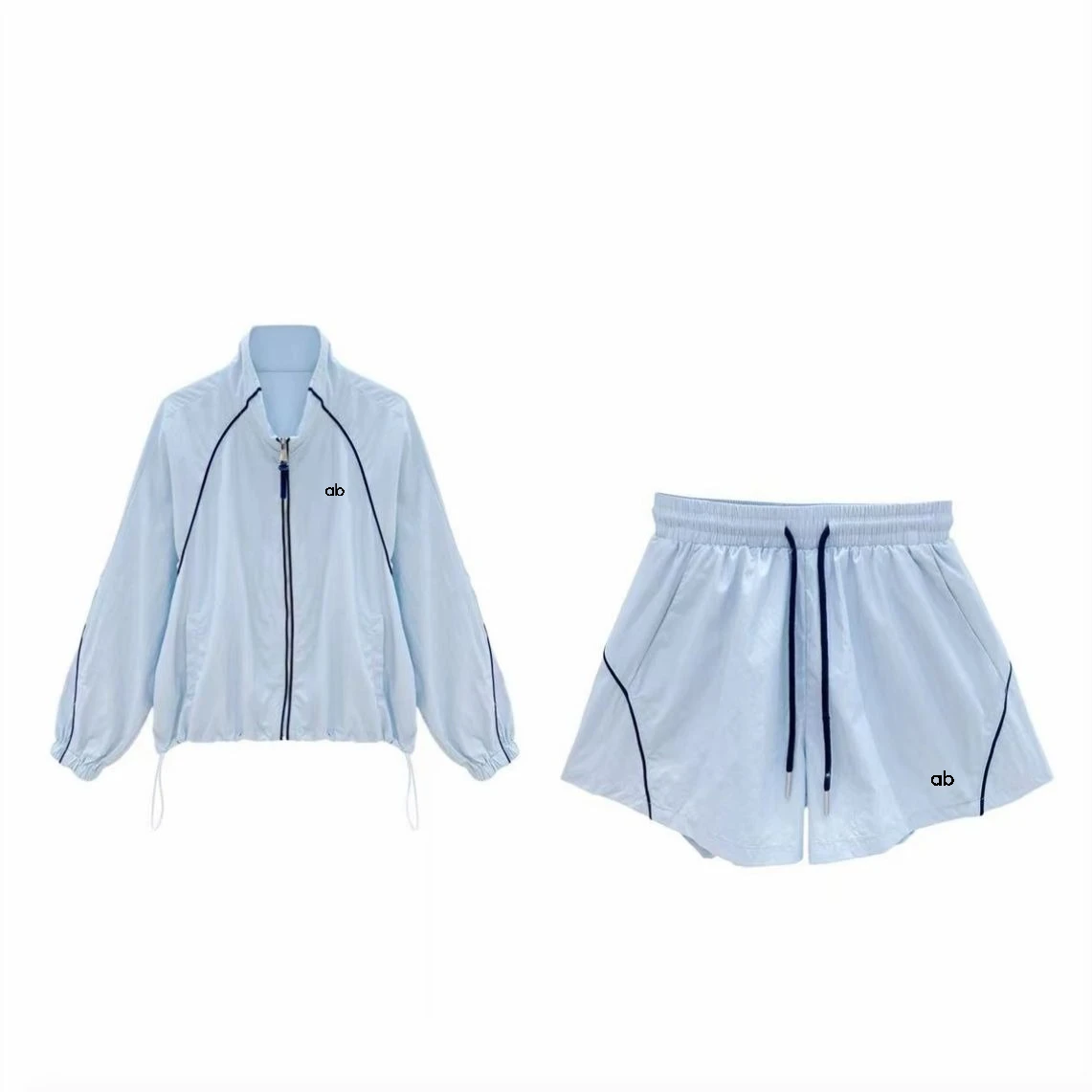 Image of Damen 2026 Sommer Stehkragen Reißverschluss 2-teiliges Yoga-Sport-Set, lockeres, dünnes Outfit, elastische Taille, Seitentaschen, weit geschnittene Hose