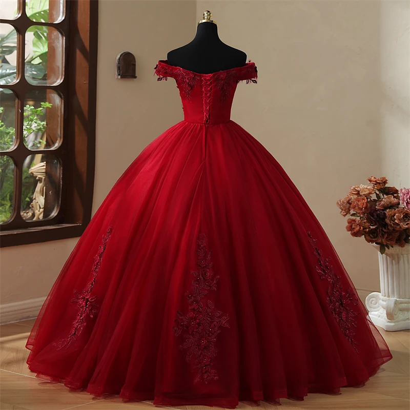 Custom New Off Shoulder Princess Ball Gown Quinceanera Dress Sweet 15 Party Pageant Lace Flower Bead Tulle Boat Neck Real Video