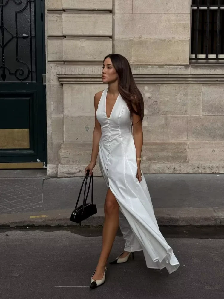 

Elegant Sleeveless White Dress Women V-neck Front Slit A Line Single Breasted Halter Maxi Dresses 2026 Lady Fashion Street Robes