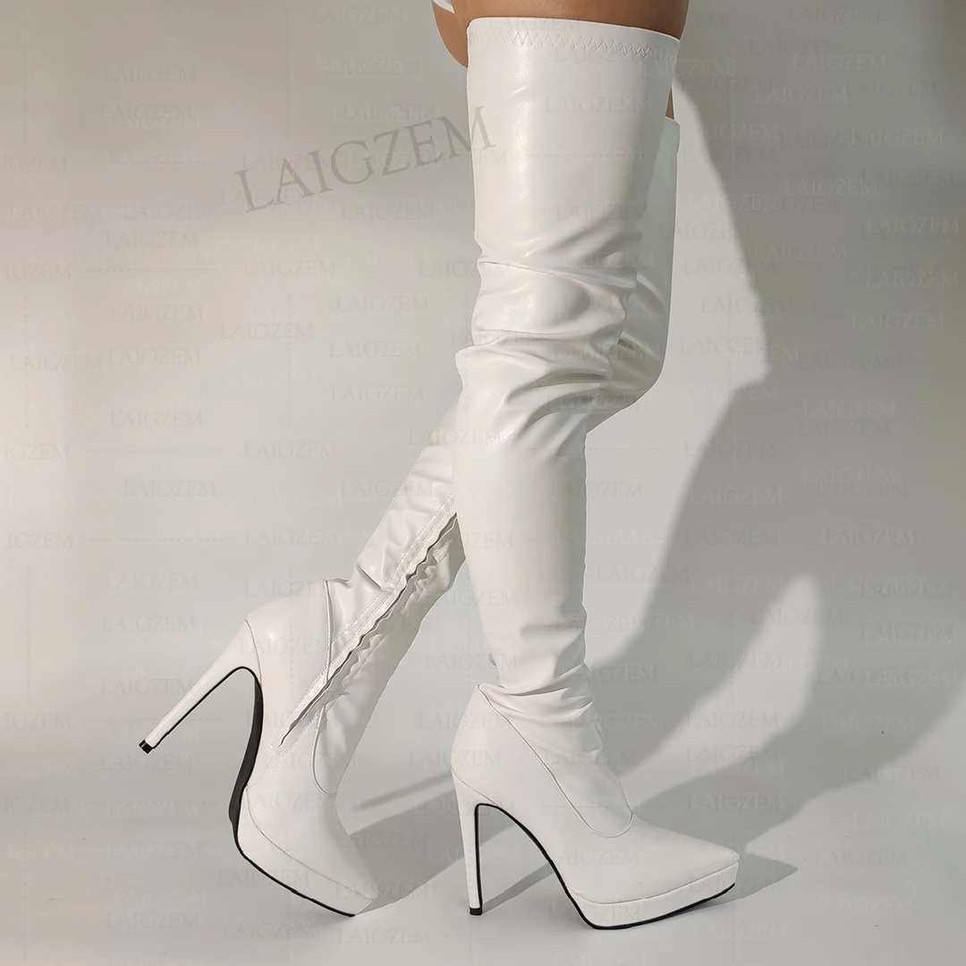 

LAIGZEM Women Thigh High Boots Pointed Toe Side Zip Thin High Heeled Boots Over Knee Ladies Shoes Woman Plus Size 38 41 43 45 47