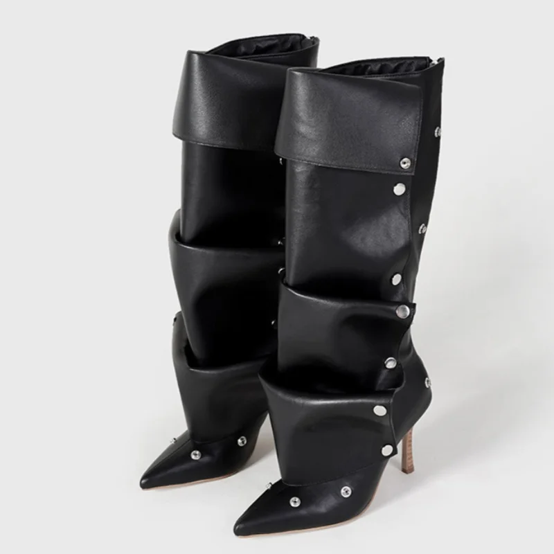 Mode High Heel Spitz Damen Ritter Stiefel Designer Gürtelschnalle Niete Spice Girl Denim Stiefel Weiblich Alle Match Lange Botas