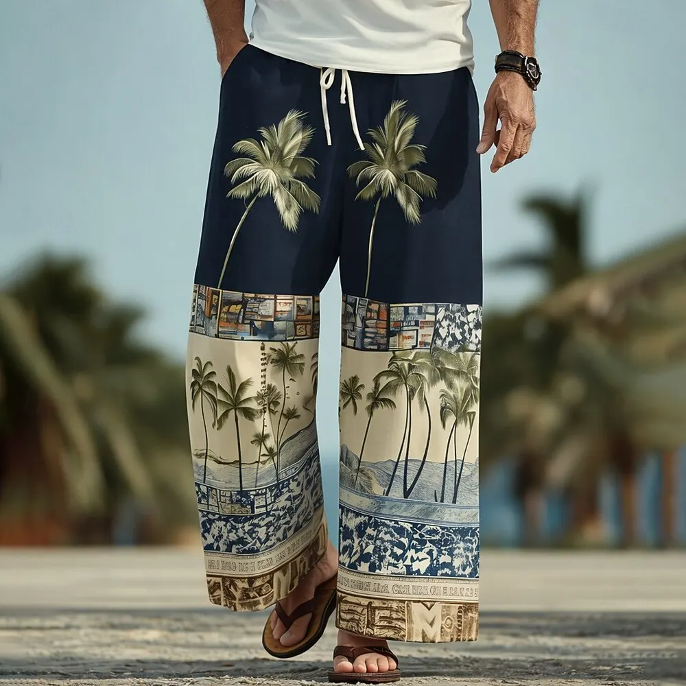 

Мужские свободные брюки, повседневные, со средней талией, в гавайском стиле, для отдыха на пляже, с эластичным поясом на шнурке и карманами, для лета и весны