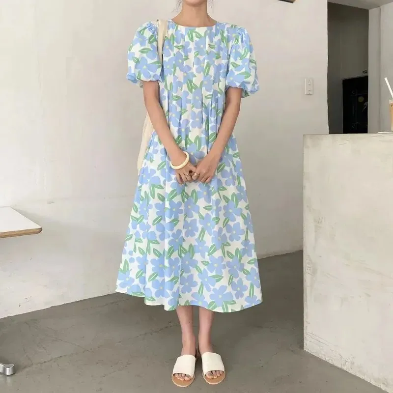 

Floral Printed Long Dresses for Women Cottagecore A-line Midi Sundress Kawaii Girls Clothes Summer Round Collar High Waist Folds