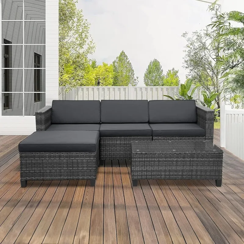 5 Piece Outdoor Patio Sectional Furniture Set, Weather Resistant Rattan Outside Couch, Waterproof Conversation Sofa