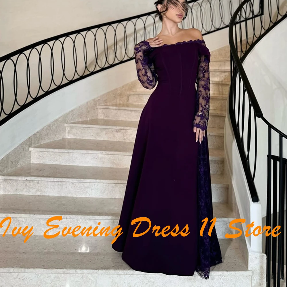 Customized Classic Boat Neck Off the Shoulder Long Sleeves Jersey Evening Dress Graceful Lace Pleats Photo Color Party Gown image 4