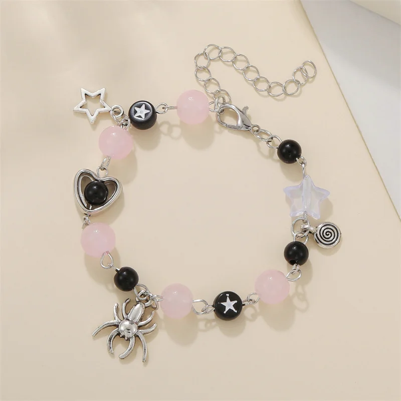 Handmade Spider Charm Bracelets for Women Girls Trendy Pink Red Beads Star Bracelet Y2K Friendship Jewelry Birthday Gifts