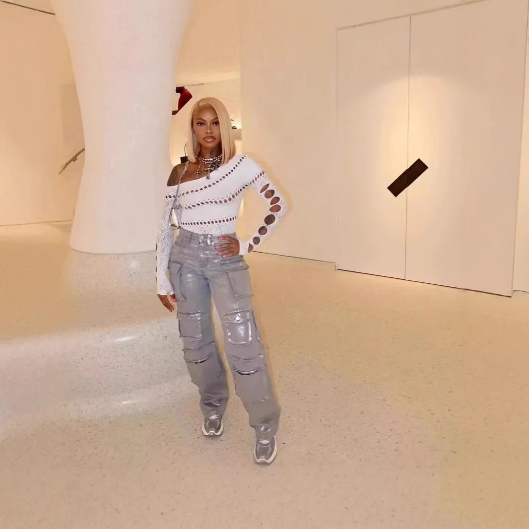 جينز نسائي من قماش الدنيم سروال متوسط الخصر مغسول بجيوب متعددة برونزية طول الأرض 2025 بنطلون مستقيم للسيدات