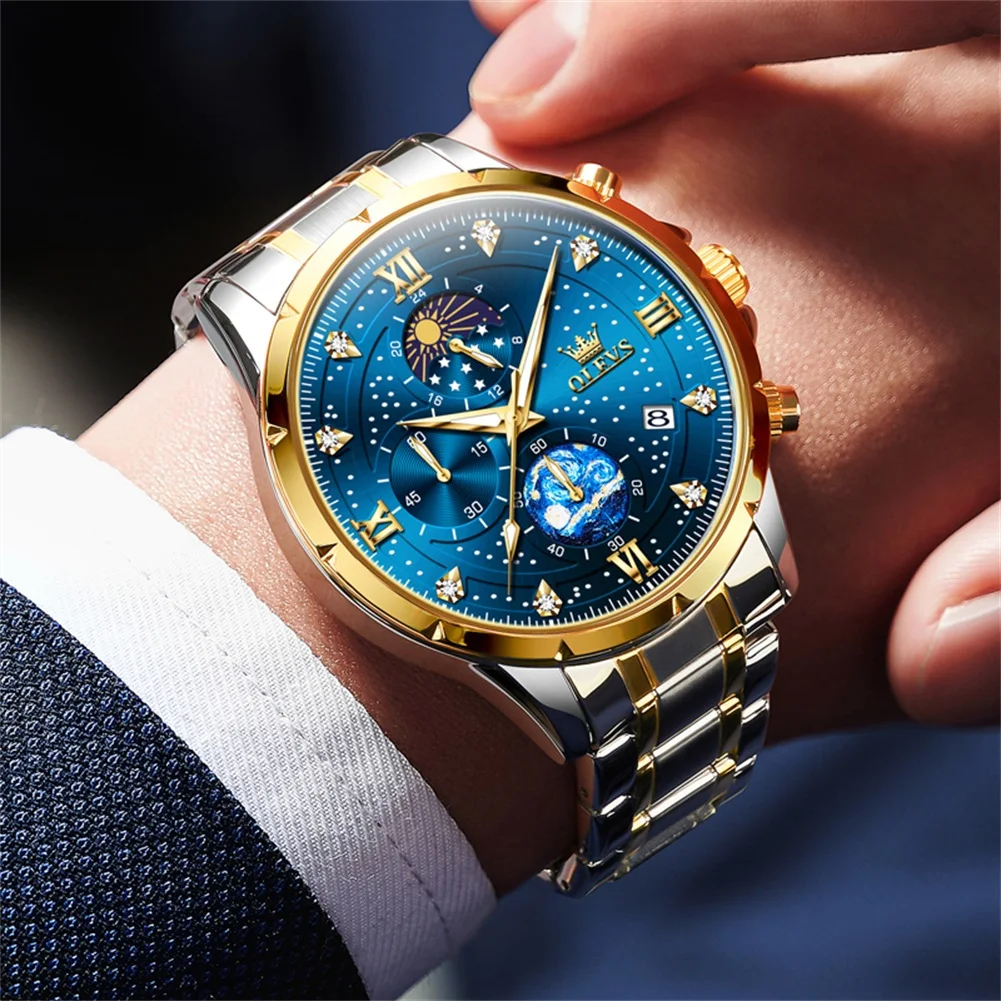 Original OLEVS Brand Quartz Watch for Men Waterproof Stainless Steel Luminous Wristwatch Moon Phase Leather Man Watches NO.9807