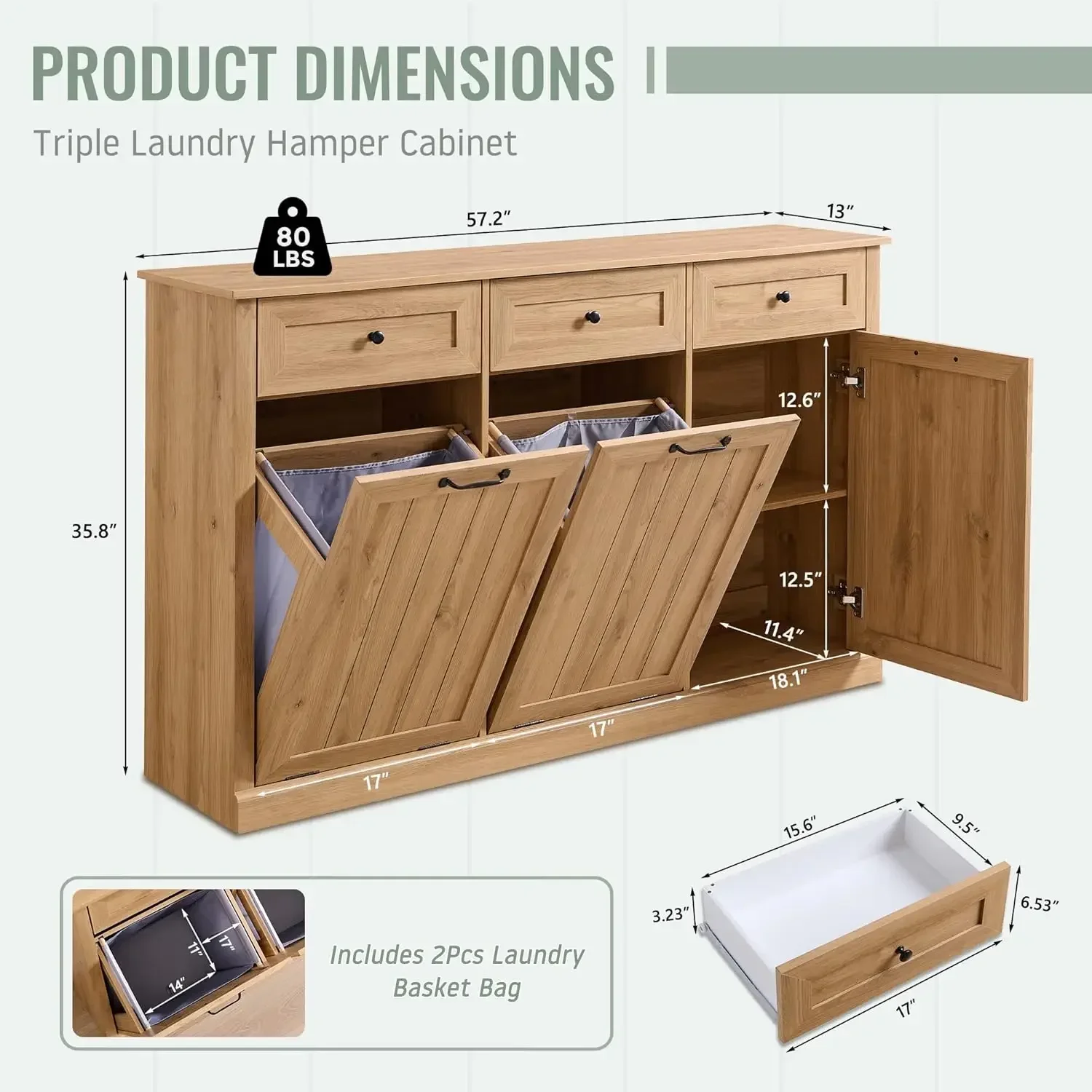 Triple Tilt Out Laundry Hamper Farmhouse Trash Can Cabinet W Drawer Adjustable Shelf Hidden Garbage Bin Laundry Basket Bathroom