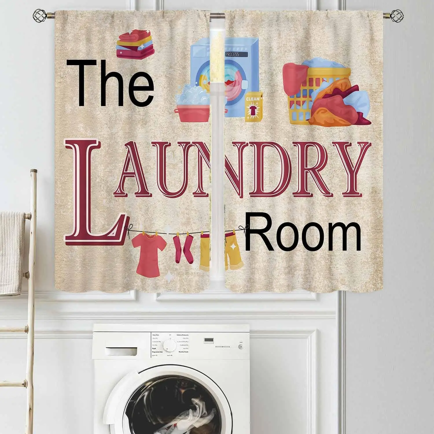 Laundry Room Curtains for Windows, Vintage Farmhouse Rustic Wash Dry Clothes Quotes Words Vintage Laundry Drapes Treatments for