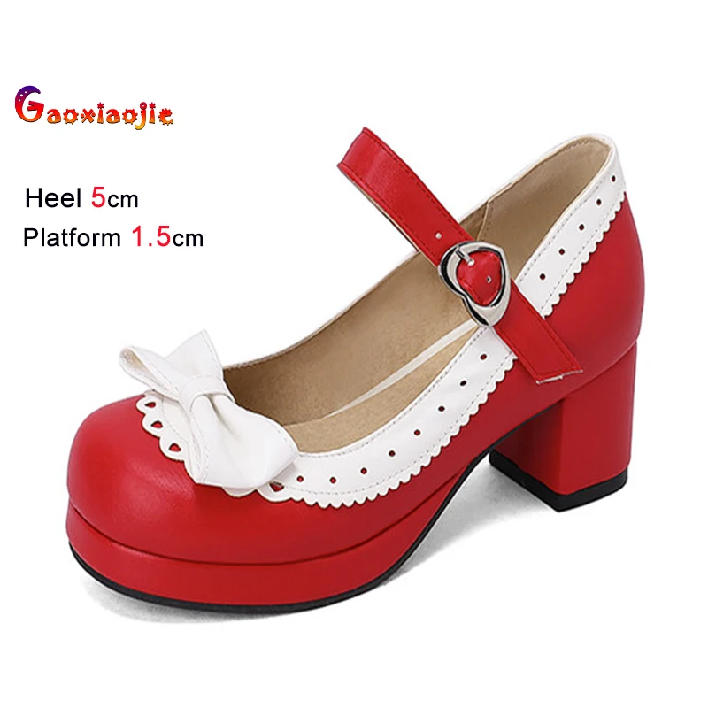 

Туфли Мэри Джейн на толстой подошве с милым бантом и круглым носком для женщин, туфли-лодочки на толстом каблуке 5 см с красной пряжкой и ремешком в стиле Лолита, женские туфли на высоком каблуке