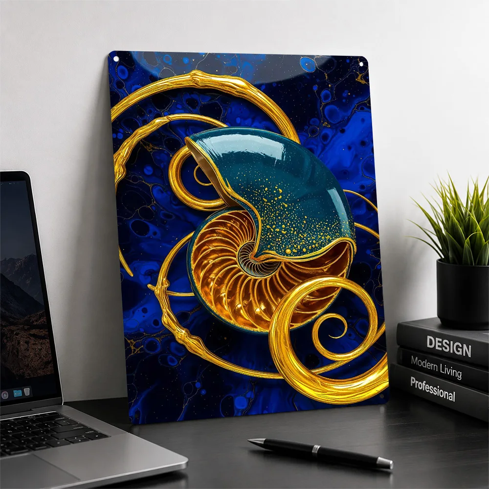 Nautilus Shell With Golden Accents Poster Retro 3D Printed Metal Signs Customized Wall Hanging Gift for Home Decor Ornaments