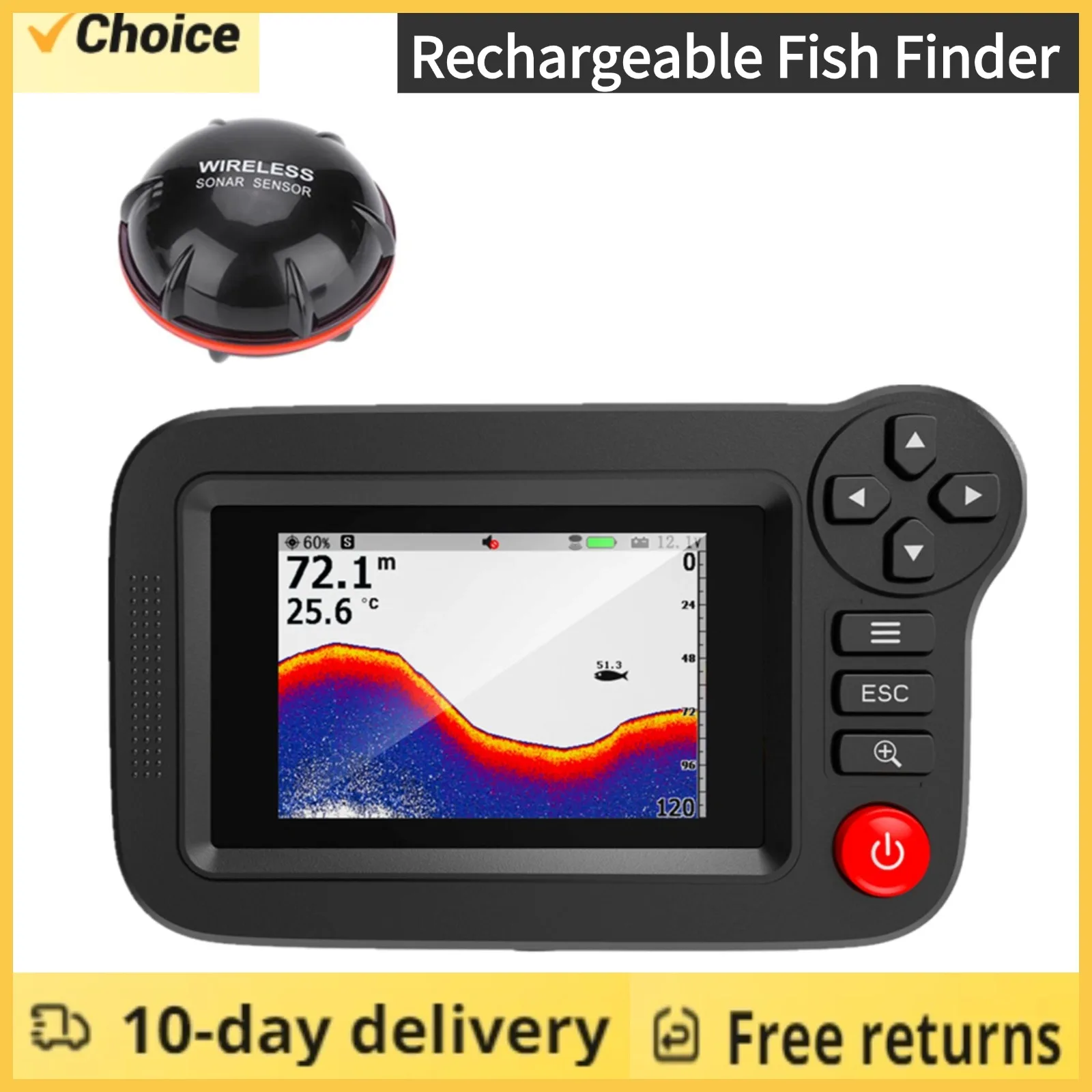 Fish Finder Depth Locator Handheld Fish Finder 3.5in Wireless Sonar Fish Finder Underwater Depth Sounder with Fishing Detector