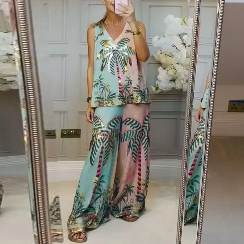 

Summer Fashion Coconut Tree Print Vacation Outfits Woman Elegant V Neck Camisole Top & Wide Leg Pant Set Spring Loose Satin Suit