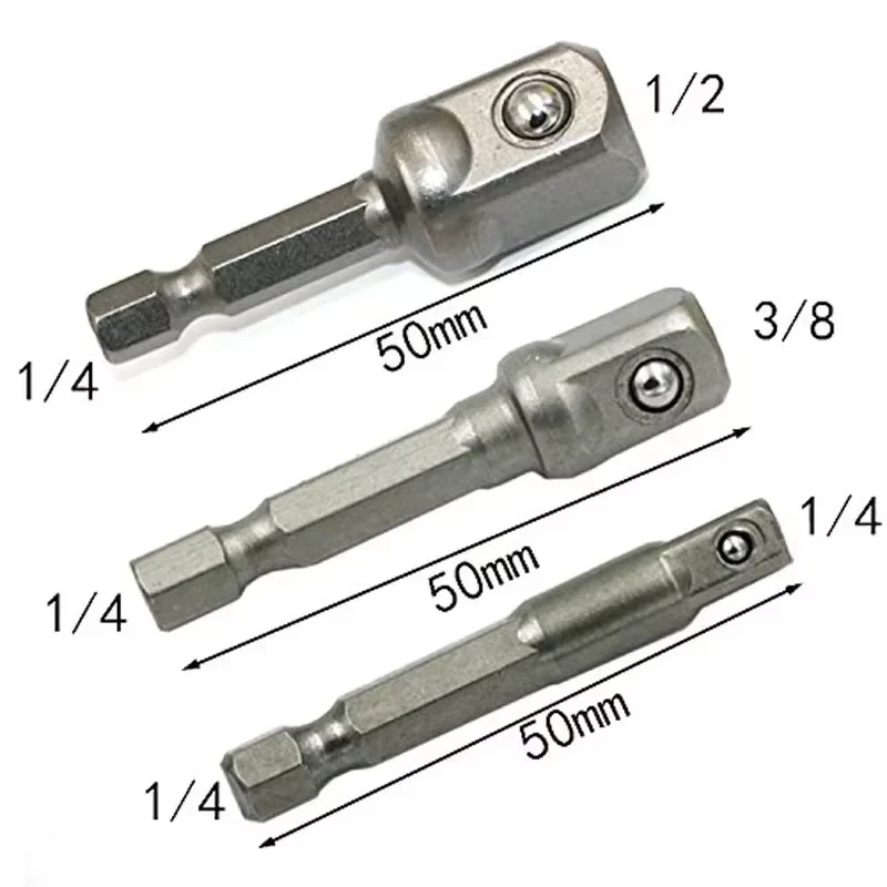 3Pcs Impact Socket Adapter 1/4 3/8 1/2 Inch Nut Driver Sockets Hex Shank Extension For Screwdriver Handle Tool