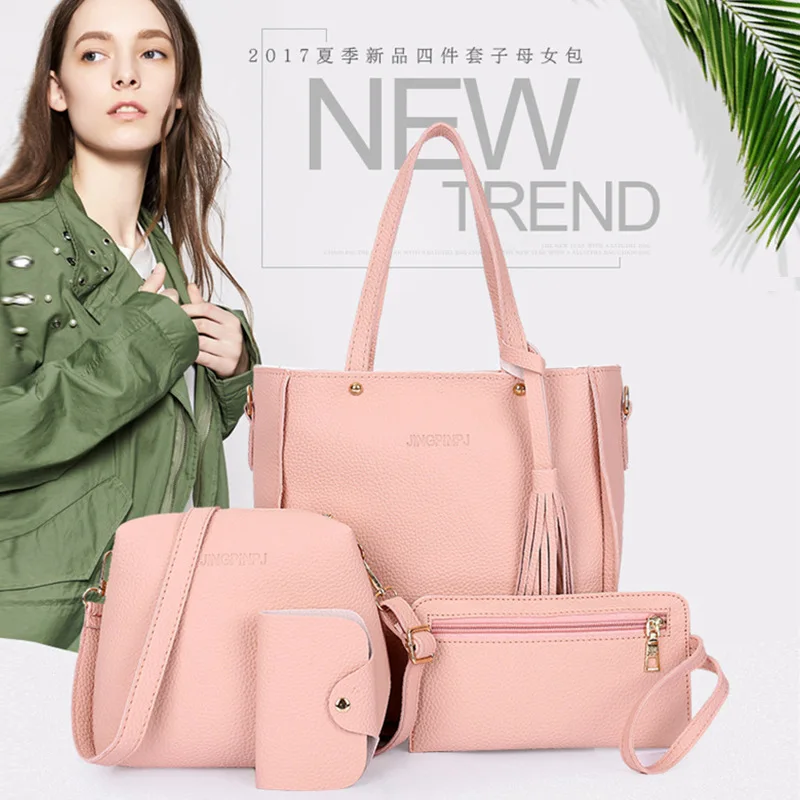 New 2024New Large Capacity Lychee Pattern Handbags Women's European and American Retro Fashion Tassel Four-Piece Women's Bag