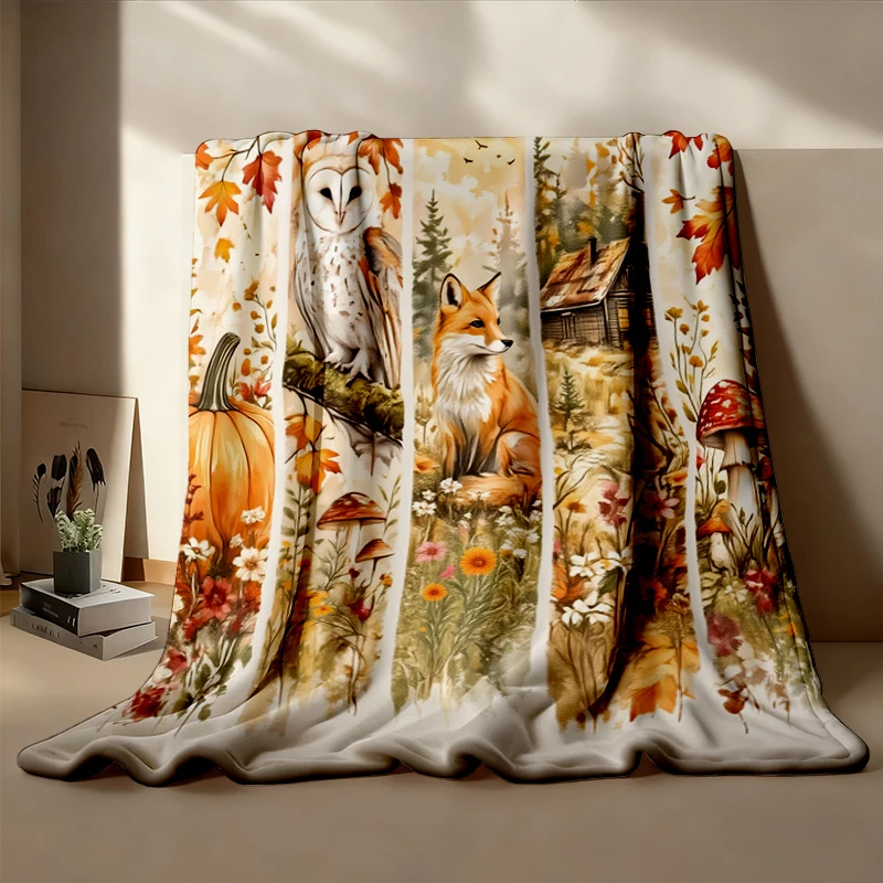 Hello Fall Flannel Blanket, Autumn Vibes Flannel Throw, Cottagecore Pumpkin Fox Owl Nature Lovers Gift
